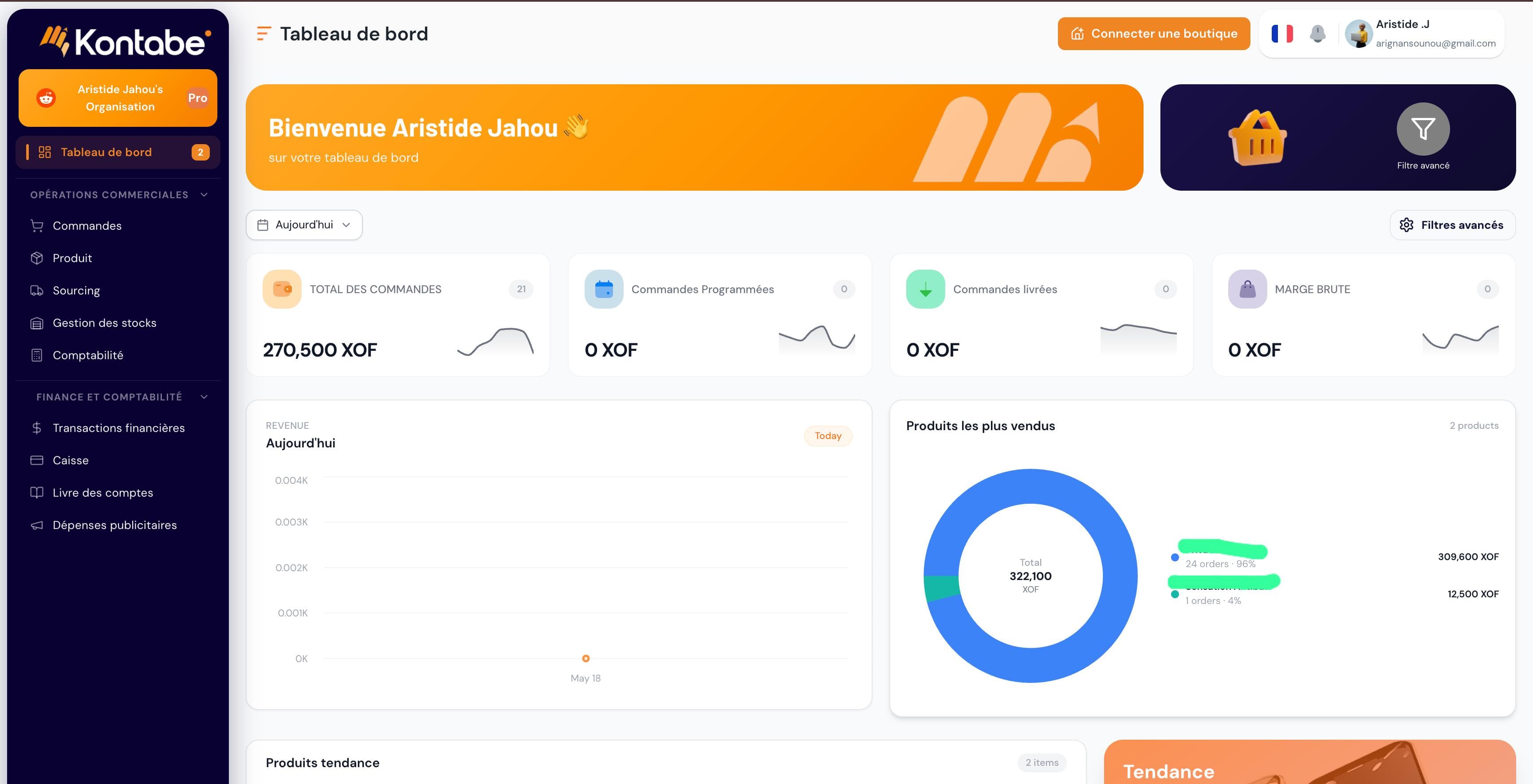 Kontabe — tableau de bord e-commerce
